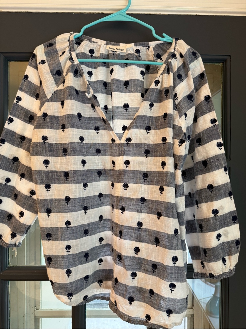 Roller Rabbit Navy & White Striped Embroidered Peasant Top Large